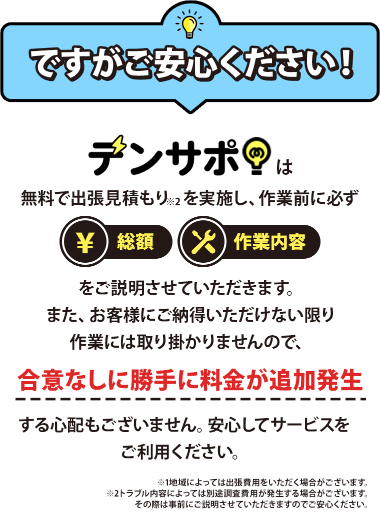 無料主張見積もりをご利用ください!エアコン修理・故障などの急なトラブルは、遭遇した際に不安になり、パニックになってしまうことも…
しかし、こんな時に慌てて依頼するのはNGです!近年、HPに記載している金額や電話での見積もり金額よりもはるかに高額な金額を請求する悪徳業者が増え、問題となっています。。